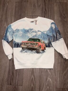 Boys- White Crewneck Sweater with Vintage Red Truck and Mountain Print